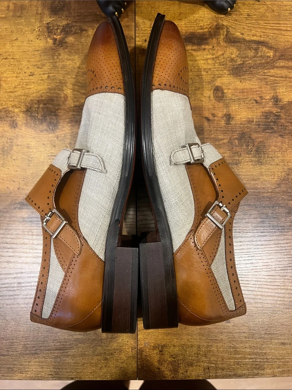 Stacy Adams Harper Double Monk-Strap Cognac Beige Leather & Canvas Shoes:Size 11